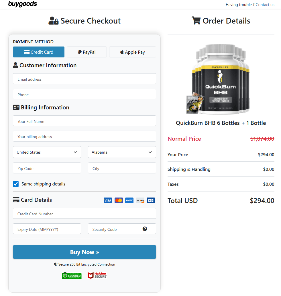 QuickBurn BHB secure checkout page